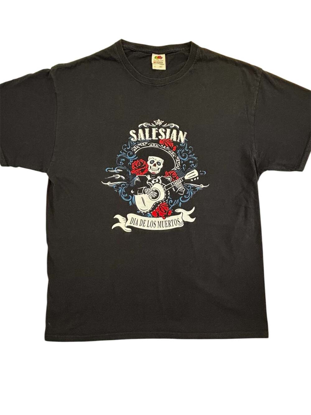 Fruit of the Loom Salesian Dia de los Muertos Skeleton Graphic T-Shirt Size L